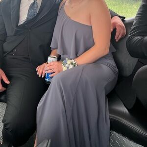 Bill Levkoff One-Shoulder Slate Gray Evening Gown